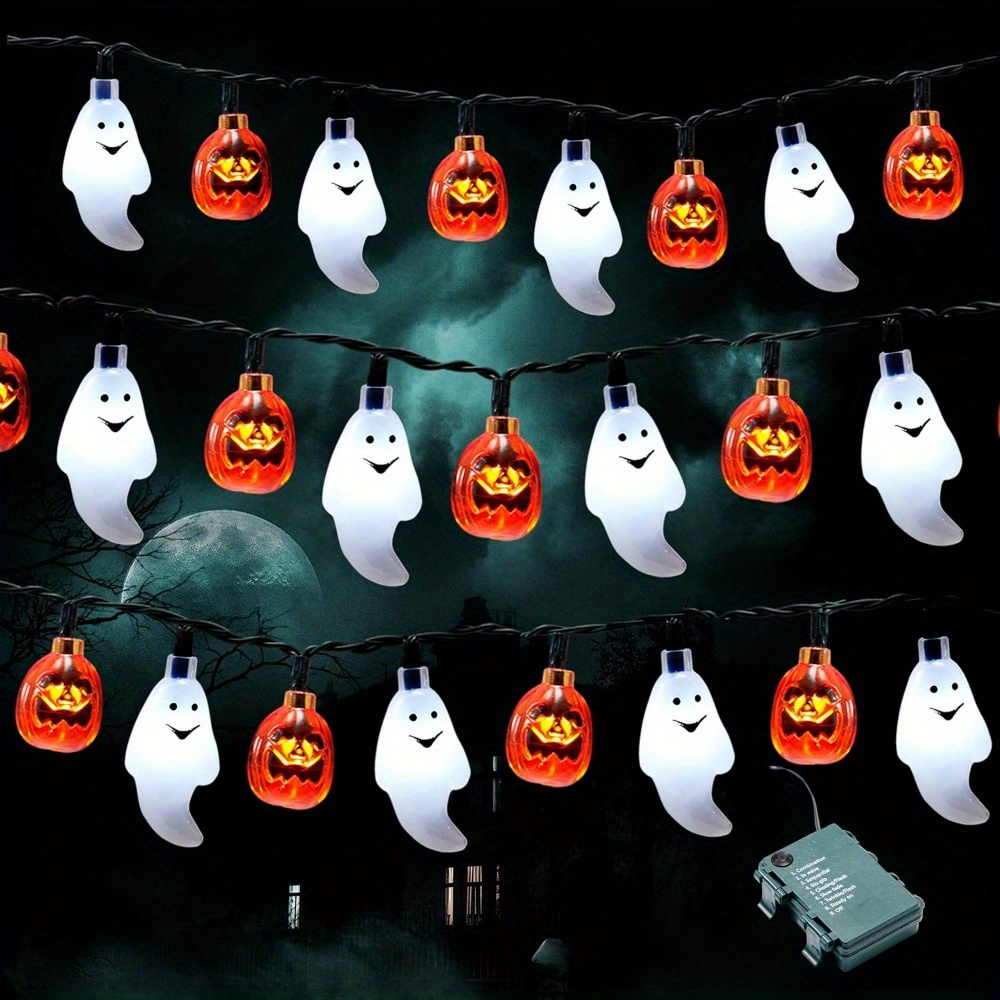 Outdoor Lighting On House - 19,7 Fuß 30-teilige LED-Batteriebetriebene Geister-Kürbis-Halloween-Lichterkette, 3D-Lichterkette
